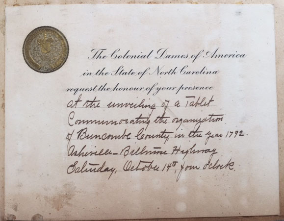 An invitation to the dedication of a tablet commemorating the organization of Buncombe County in 1792.