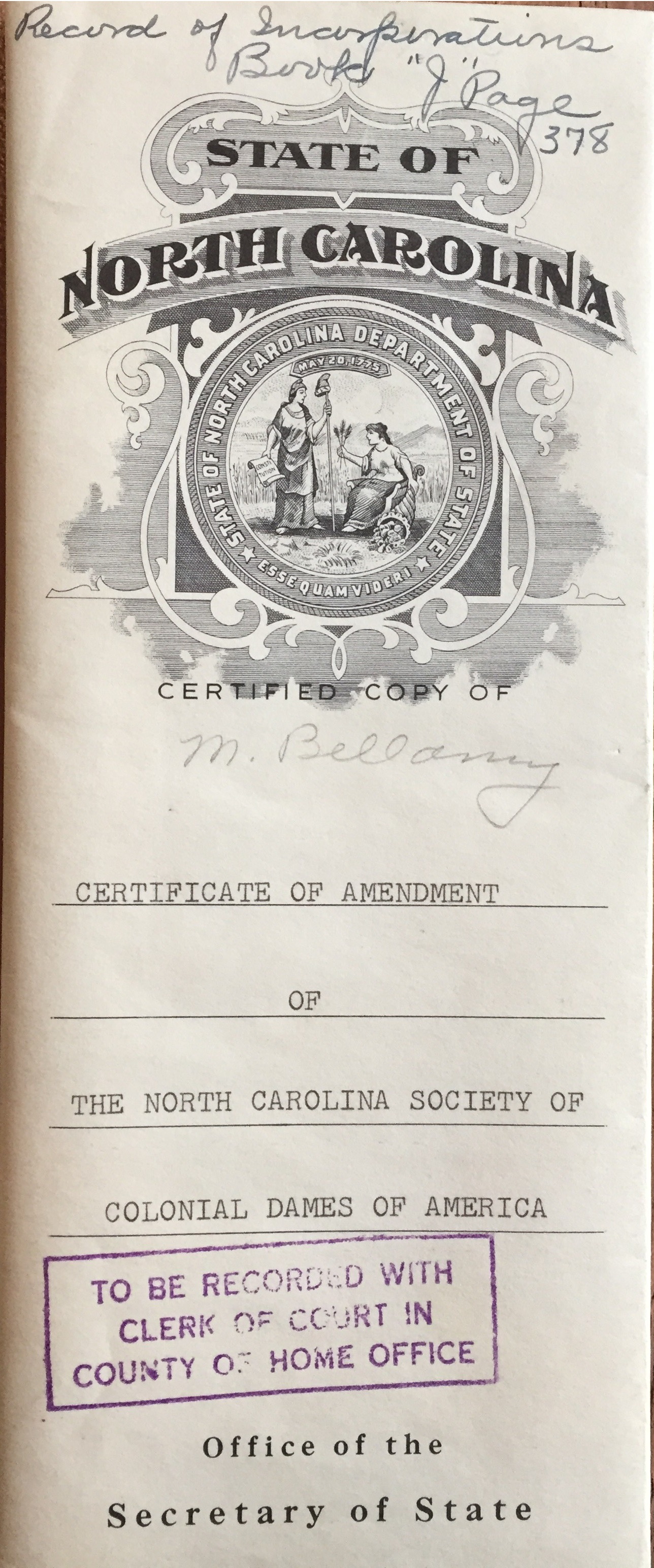 Certificate of Amendment NSCDA NC